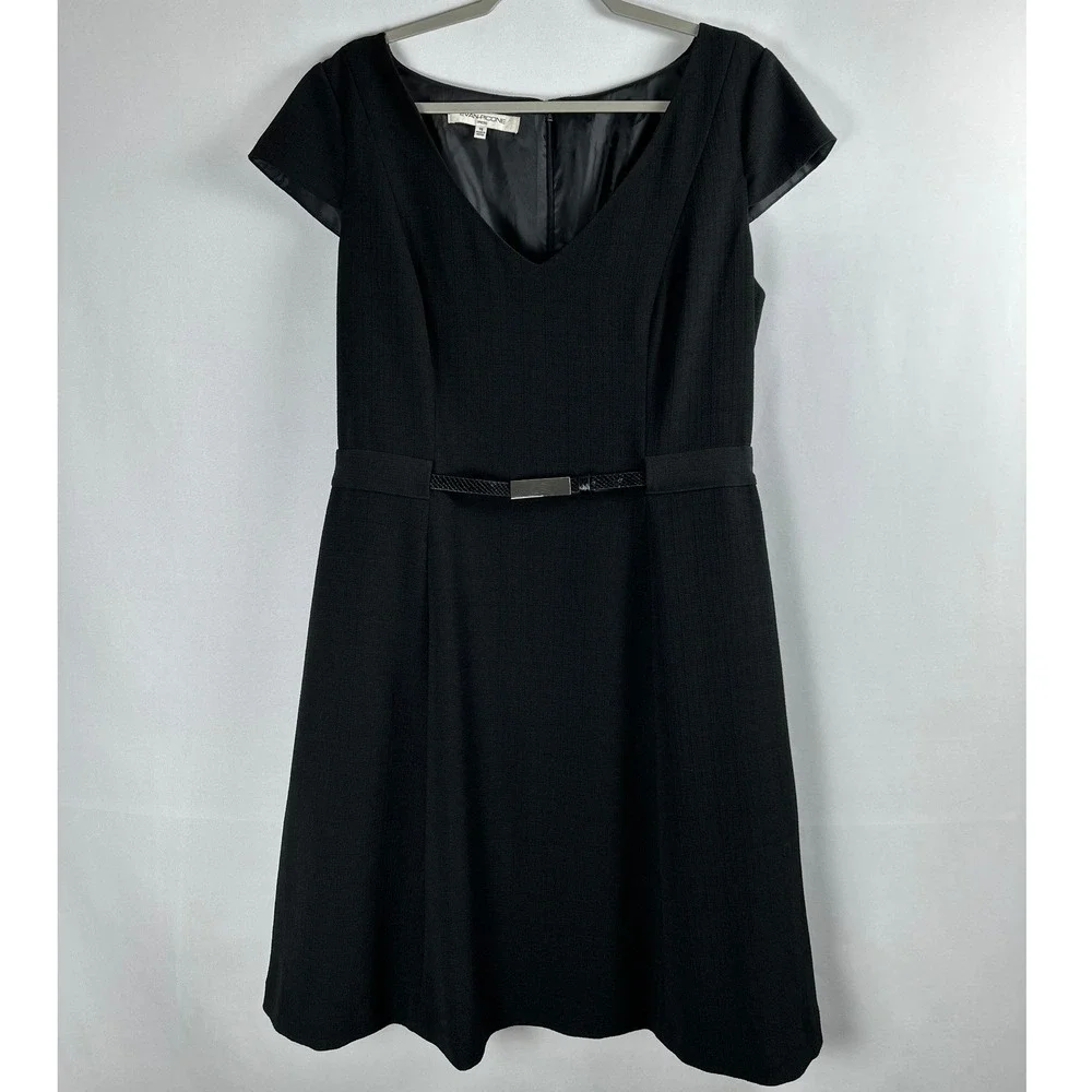 Evan Picone Dress Womens 16 Black Belted V-Neck Cap Sleeve Classic Office Career